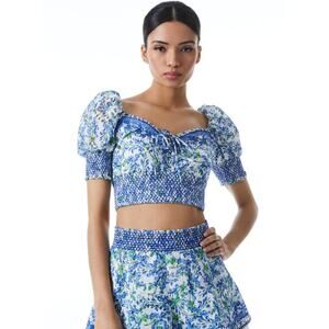 Alice + Olivia Crawford Cropped Smocked Printed Broderie Anglaise Top Sz L NWT